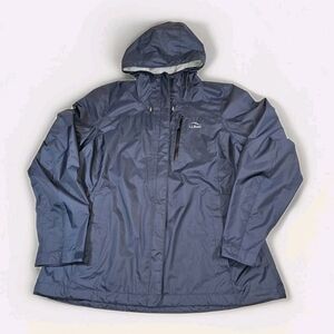 LL BEAN Women Rain Jacket Blue Hood  Windproof L Pet Hike Camp Water Resistant